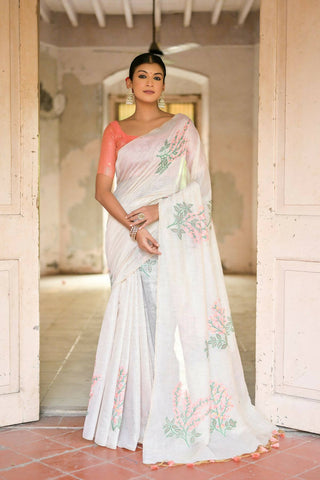 Vishnu Weaves Women's Peach Muga Cotton Woven Saree with Blouse - Distacart