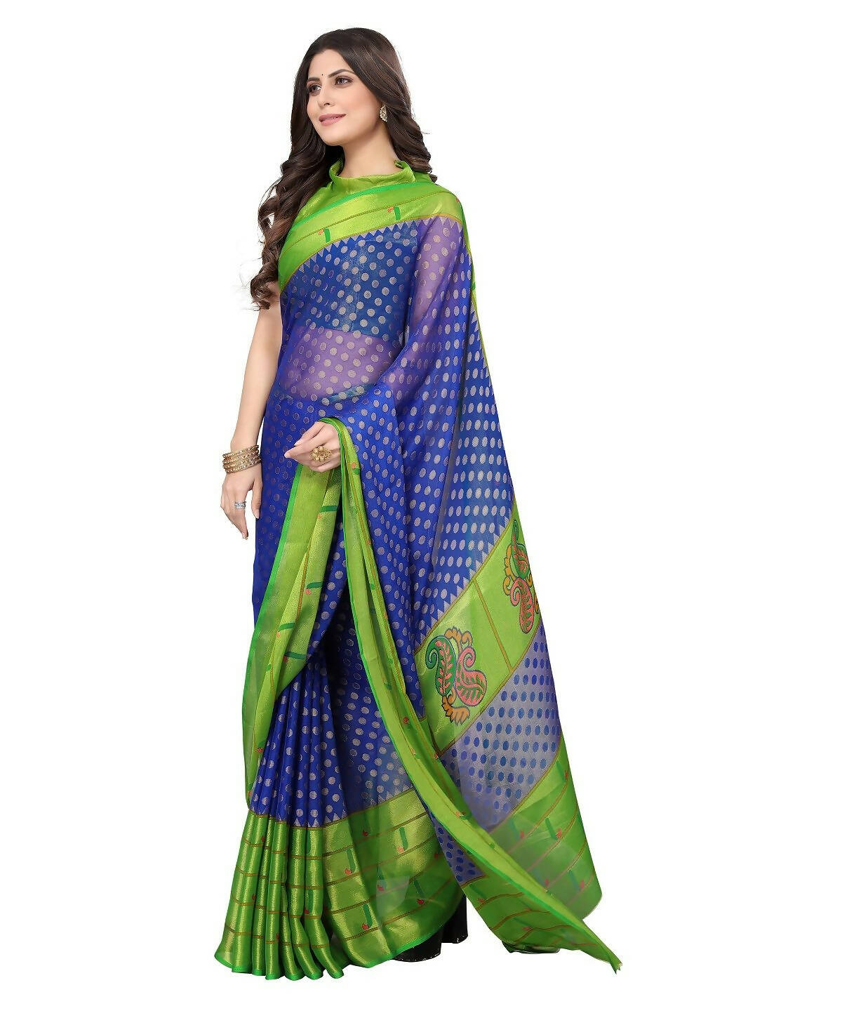 Vamika Blue Chiffon Brasso Bollywood Style Woven Saree (DIMPLE BLUE) - Distacart