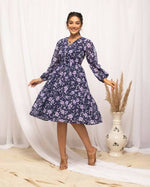 Thumbnail for FIORRA Women's Blue Georgette Floral Printed Western Dress - Distacart