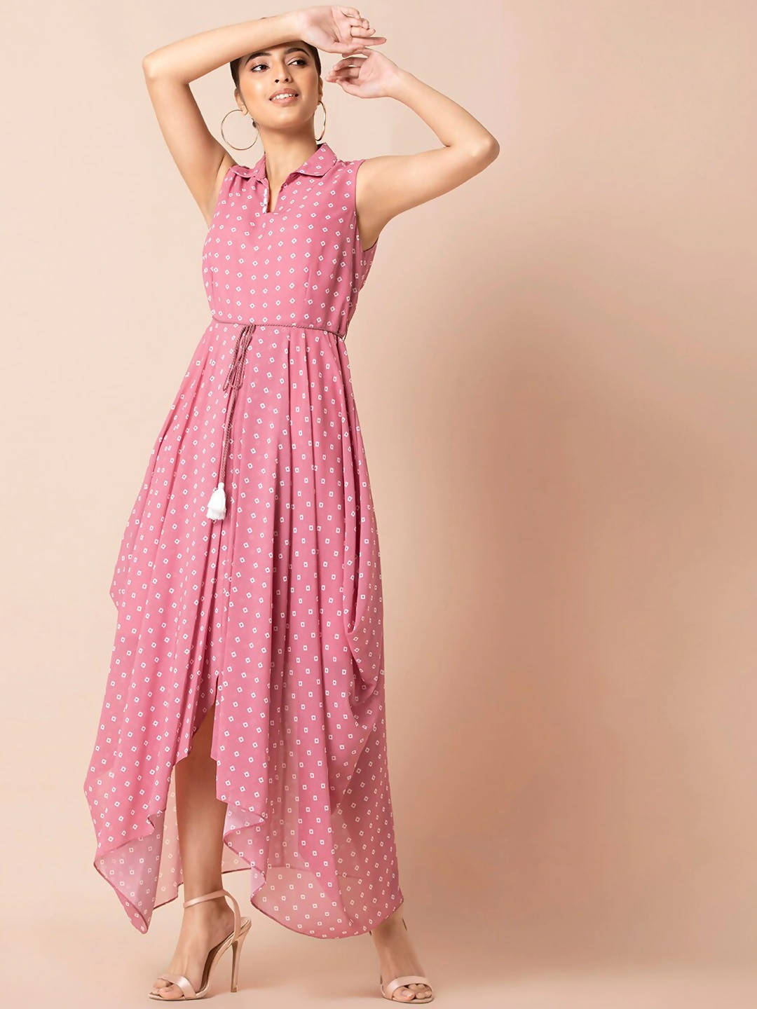 Indya Pink & White Bandhani Printed Maxi Dress - Distacart