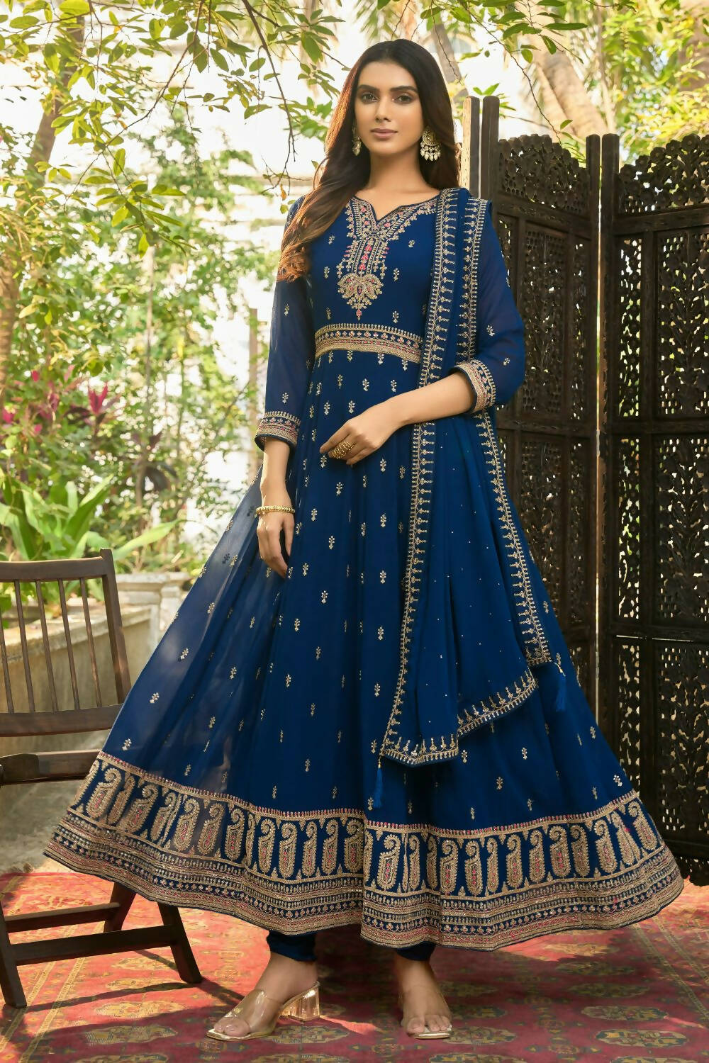 Blue Heavy Faux Georgette Anarkali Embroidered Kurta Set - Dhvani - Distacart