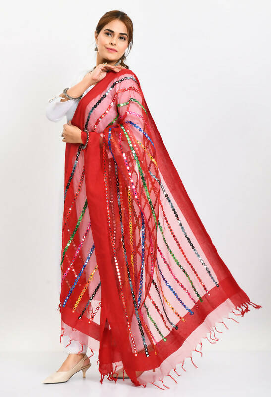 Mominos Fashion Moeza Women's Orgenza Multi Thread Mirror Work Red Dupatta - Distacart