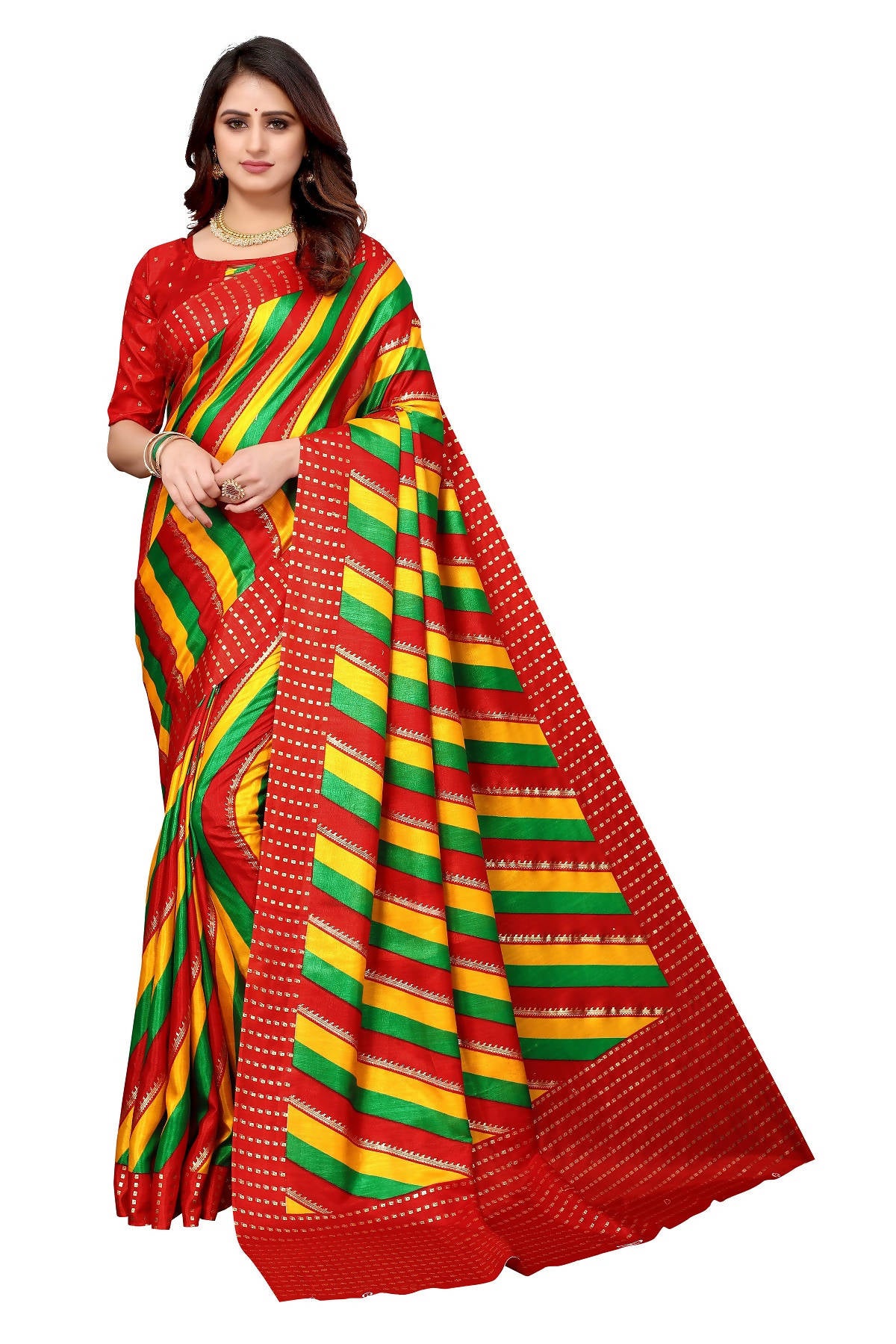 Vamika Ethnic Fire Red Foil Print Art Silk Saree - Distacart