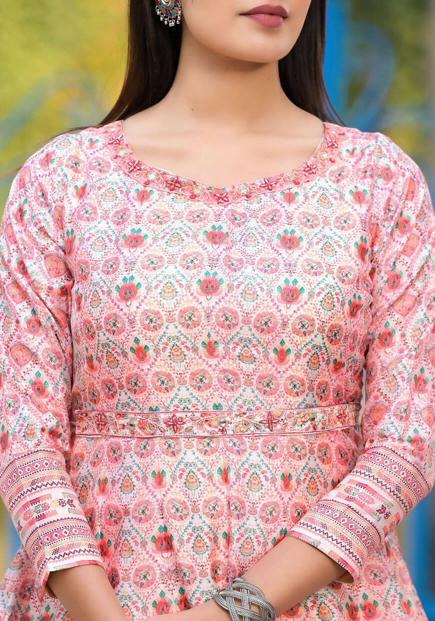 Functional Designer Off White-Light Pink Dola Silk Anarkali suit with Dupatta - Ramya - Distacart