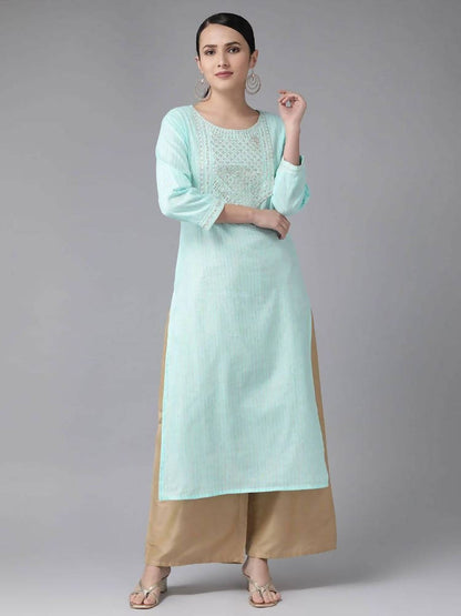 Yufta Women Turquoise Blue Yoke Design Mirror Work Kurta