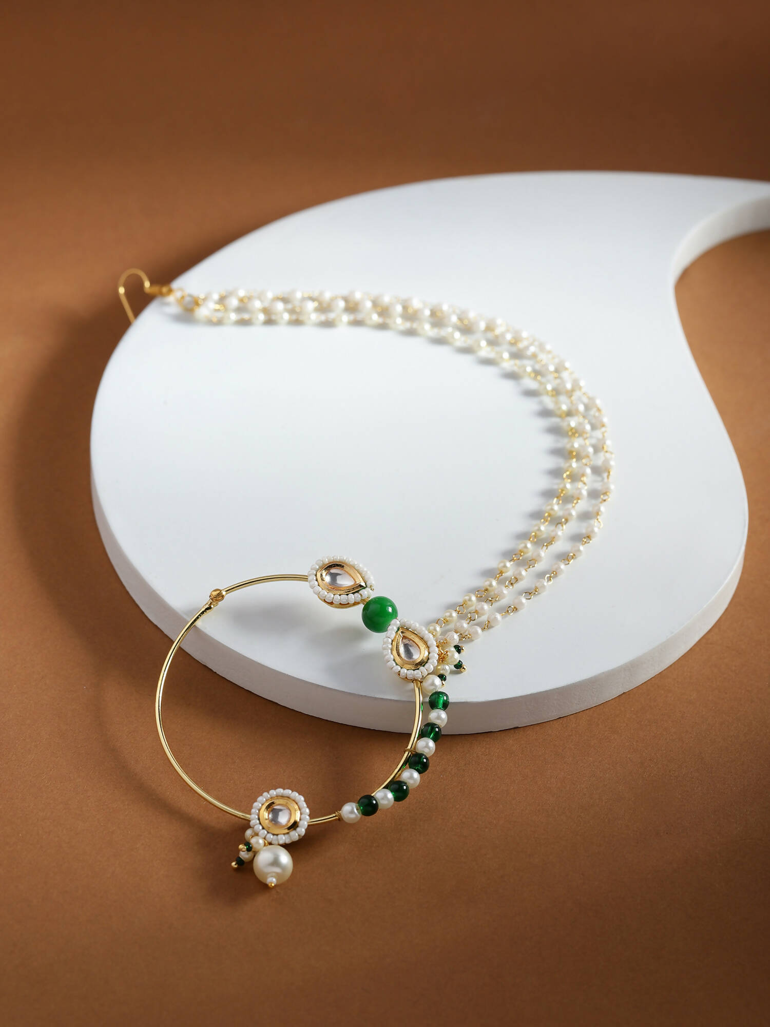 Gold-Plated White Green Kundan-Studded Pearl Beaded Nosepin - Ruby Raang - Distacart