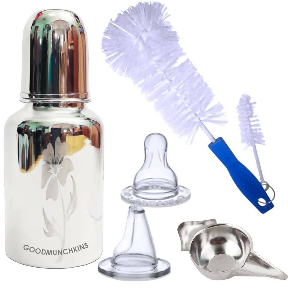 Goodmunchkins Stainless Steel Feeding Bottle with Bottle Cleaning Brush/Chakku/Anti Colic Silicone Nipple Combo-(300ml,Blue) - Distacart