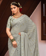 Thumbnail for Grey Georgette Swaroski Work Saree With Unstitched Blouse Piece - Juhi - Distacart