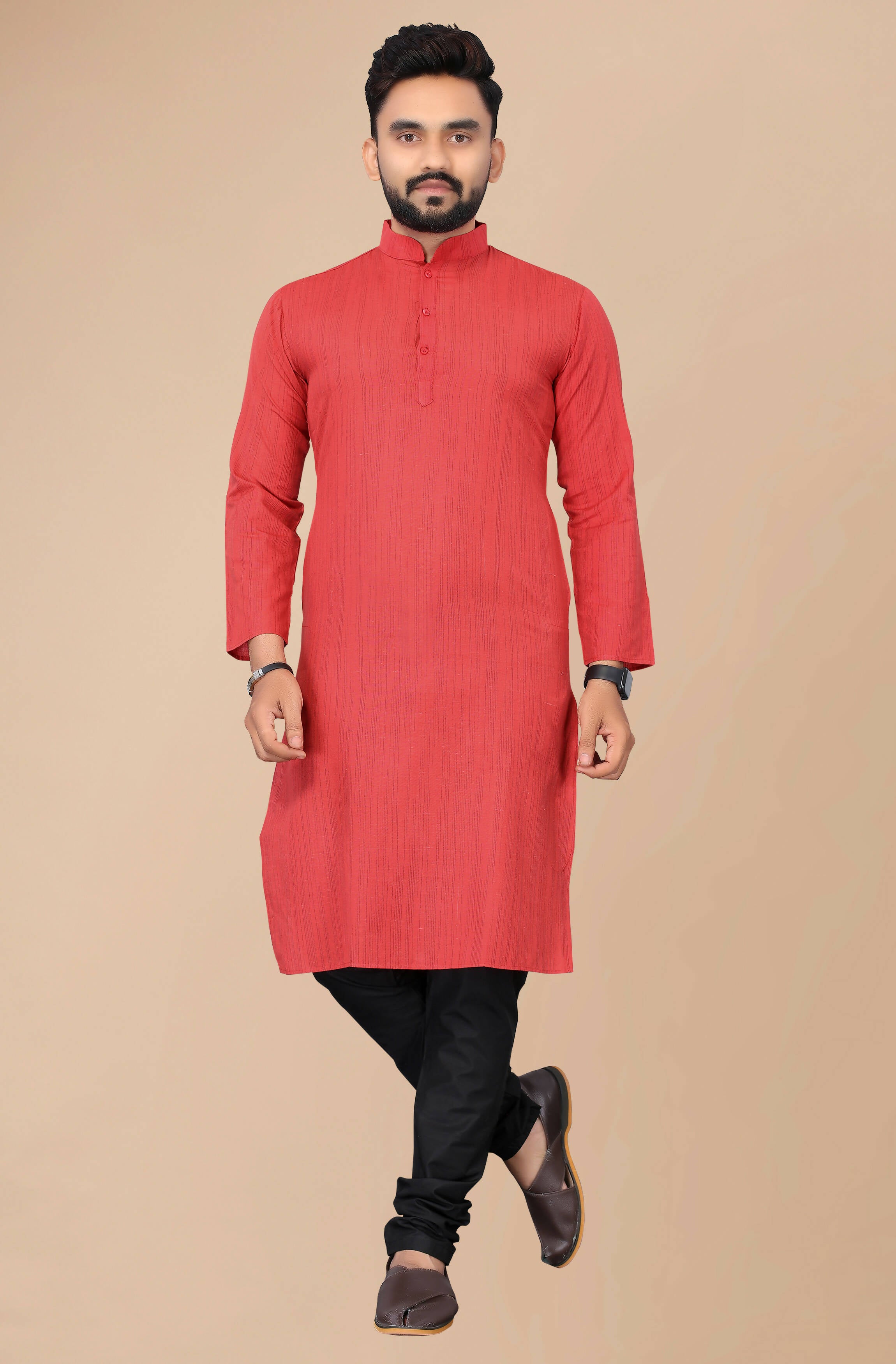 Men's Red Striped Cotton Kurta - Mahotsav - Distacart