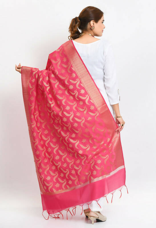 Mominos Fashion Moeza Women's Banarsi Silk Floral Woven Design Pink Dupatta - Distacart
