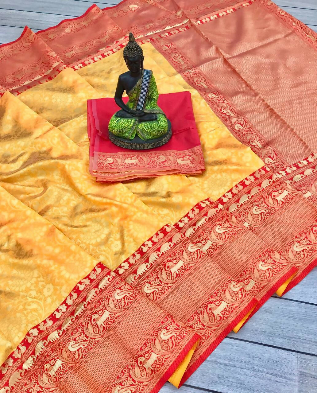 DEIANA'S Beautiful Golden Jari with New Design Soft Lichi Silk Saree - Yellow - Distacart