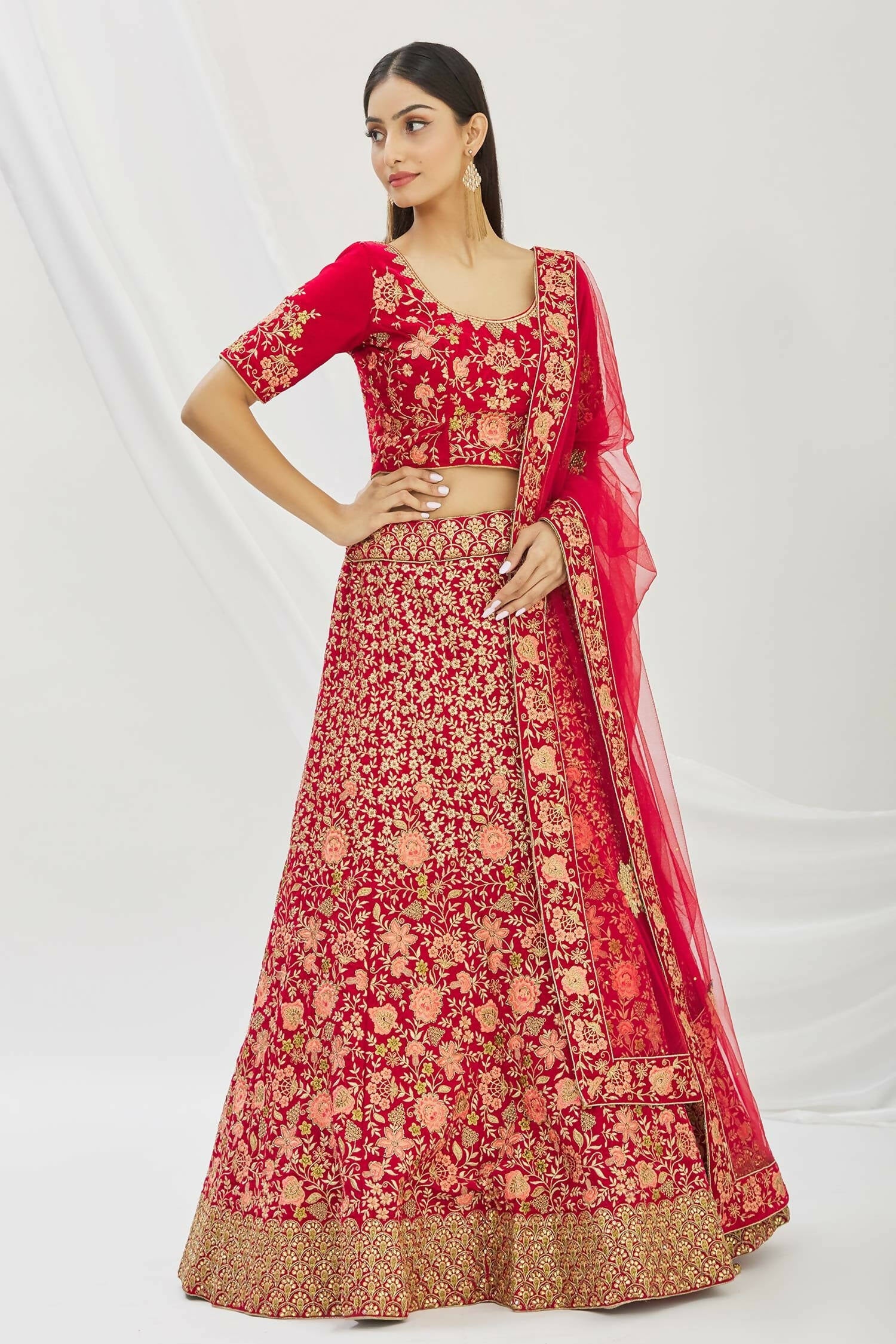 Red Velvet Semi-Stitched Wedding Bridal Lehenga - Nimaya - Distacart