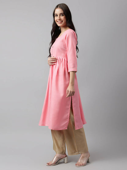 Pink Poly Cotton Solid Nayra Cut Kurta - Tirtha - Distacart