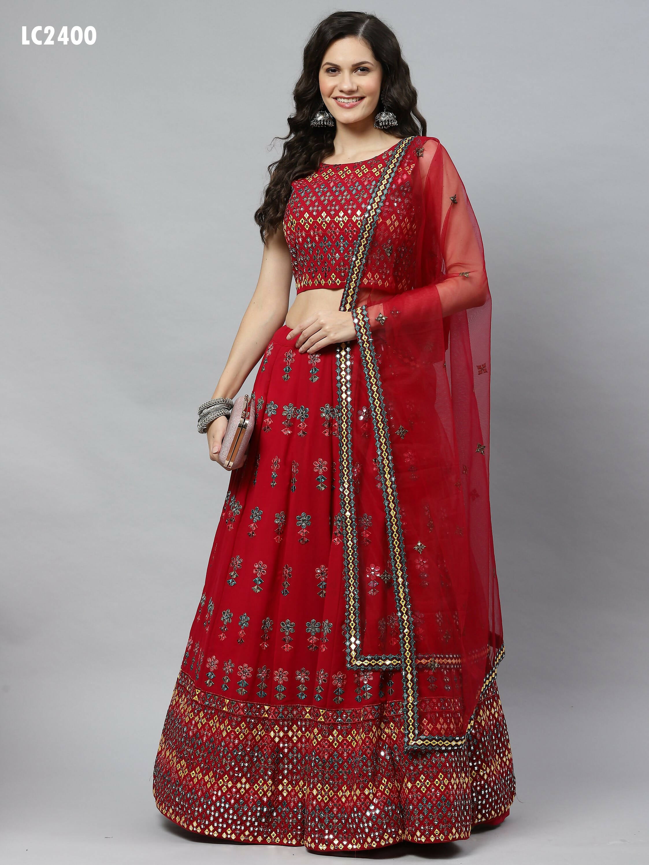 Deep Pink Georgette Heavy Embroidery mirror Work Lehenga Choli with Dupatta - Jivika - Distacart