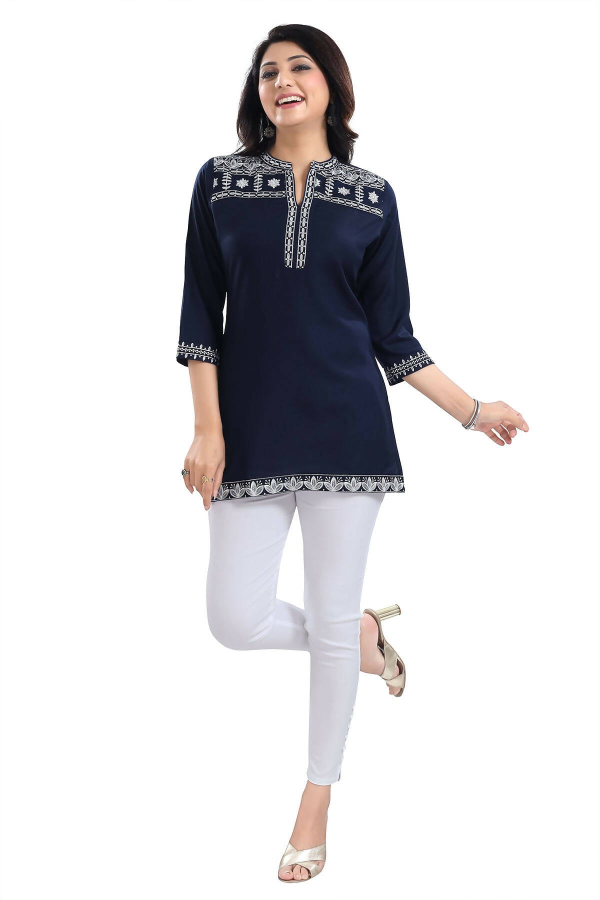 Snehal Creations Novel Navy Blue Women Embroidered Boho Chic Tunic Top - Distacart