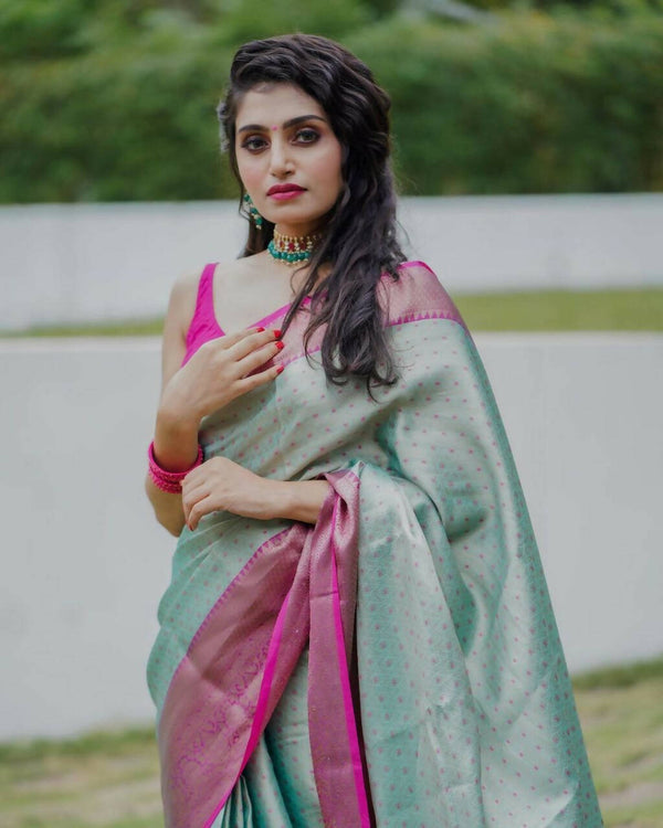 DEIANA'S Beautiful Golden Jari with New Design Soft Lichi Silk Saree - Sky - Distacart