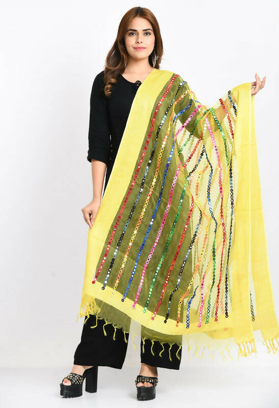 Mominos Fashion Moeza Women's Orgenza Multi Thread Mirror Work Lemon Yellow Dupatta - Distacart