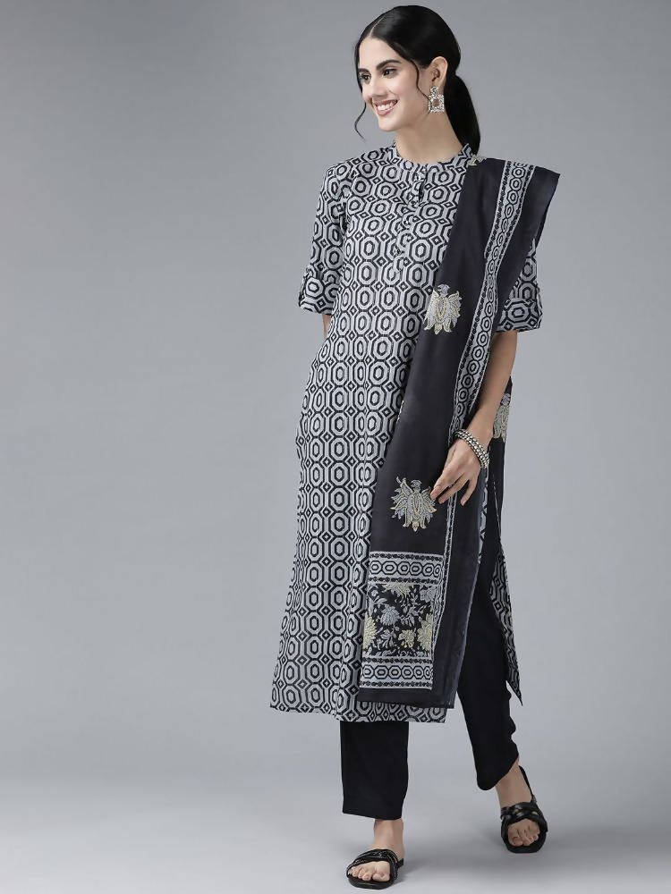 Yufta Women Grey Pure Cotton Kurta with Trouser & With Dupatta