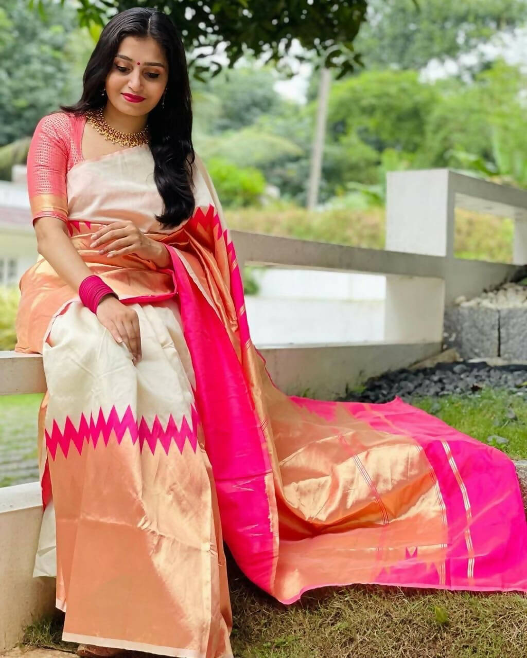 DEIANA'S Beautiful Golden Jari with New Design Soft Lichi Silk Saree - White - Distacart