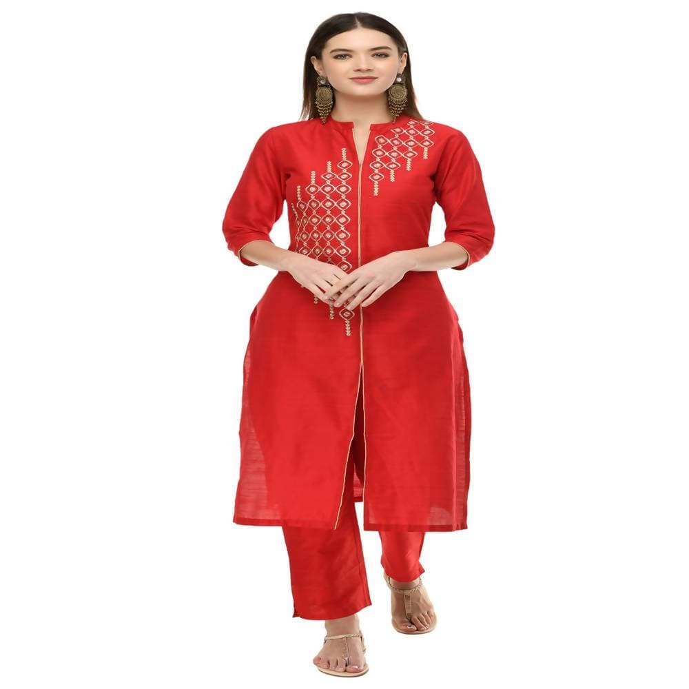 Lagi Women's Red Poly silk Straight Embroidred Kurta Pant (RO115B)