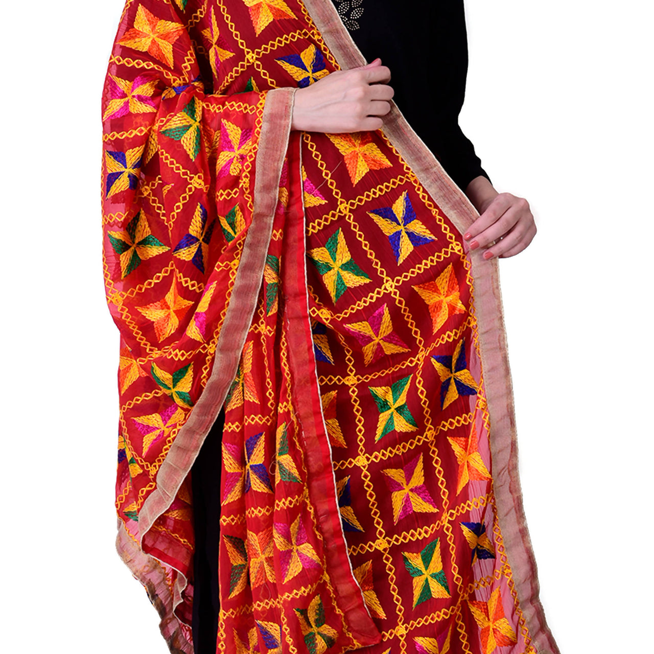 SWI Stylish Women's Embroidered Phulkari Chiffon Red Dupatta
