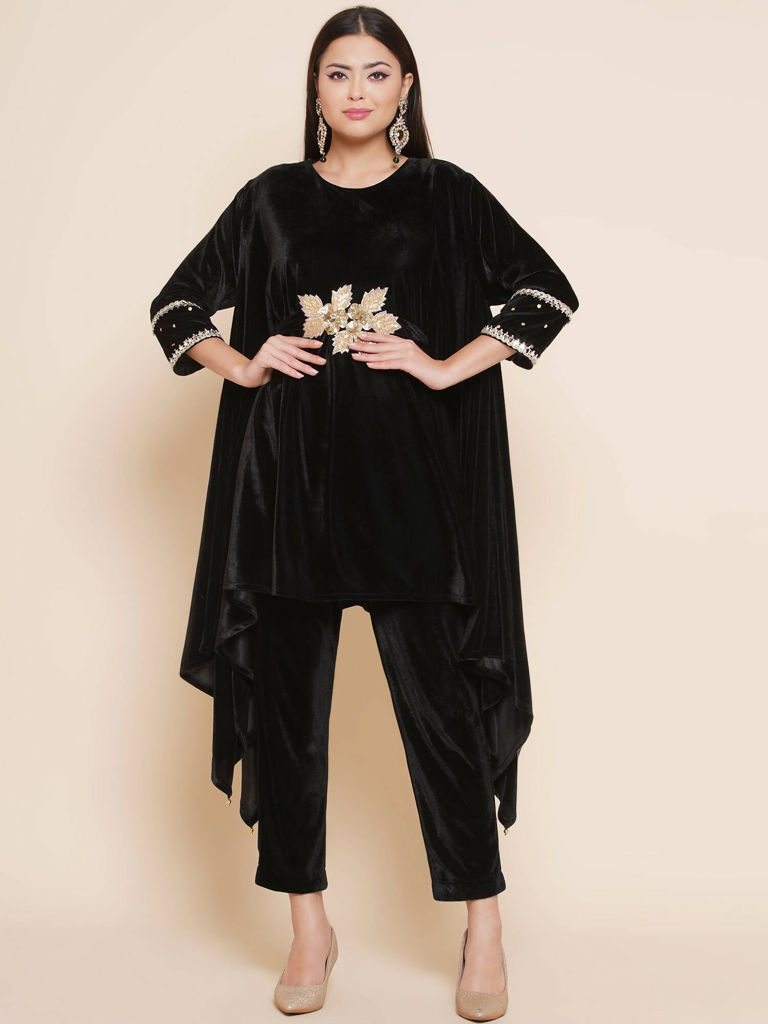 Women Republic Black Velvet Kaftaan Style Kurta With Pants - Distacart