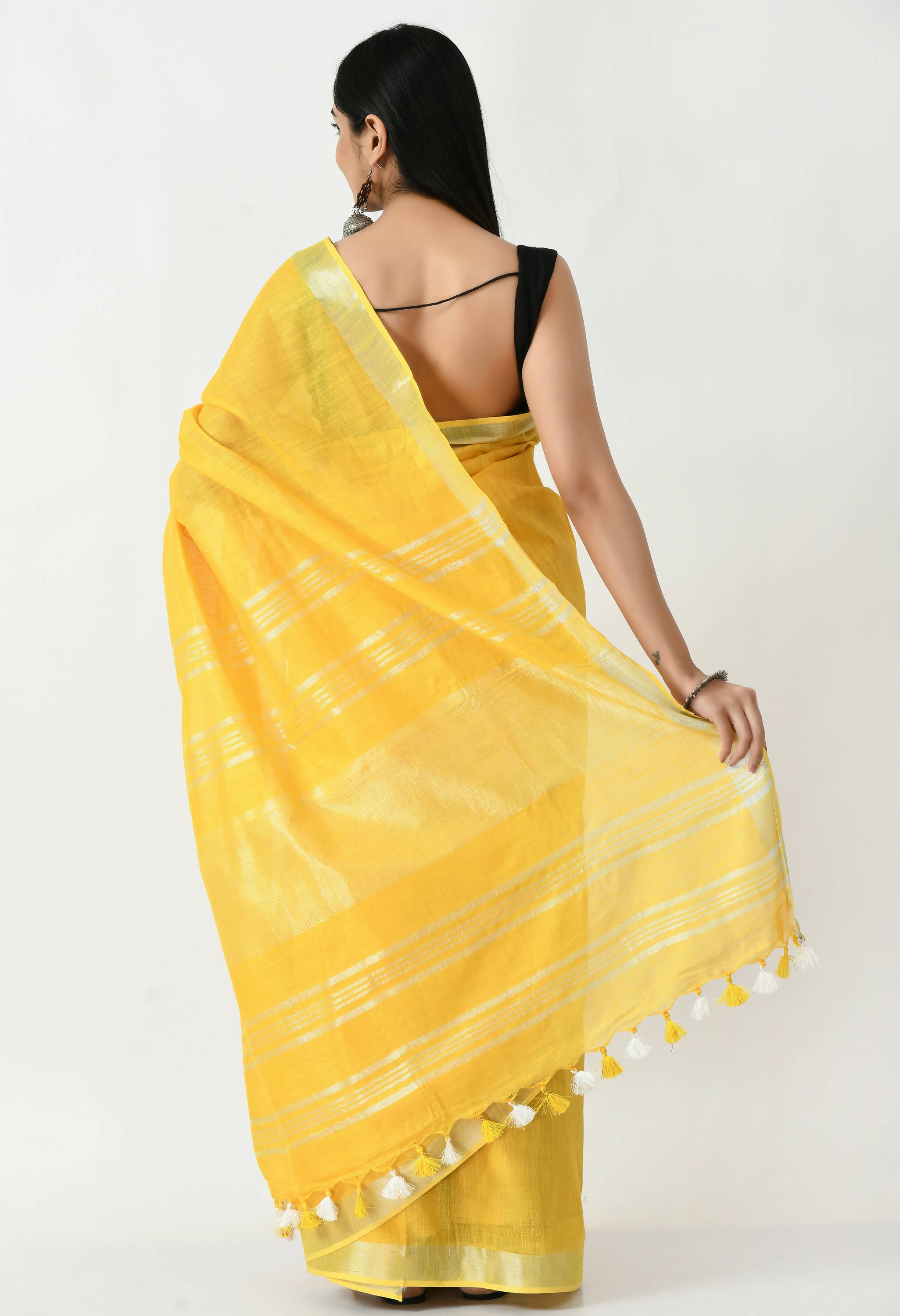 Mominos Fashion Moeza Yellow Bhagalpuri Handloom Silk Linen Saree with unstitched Blouse piece - Distacart