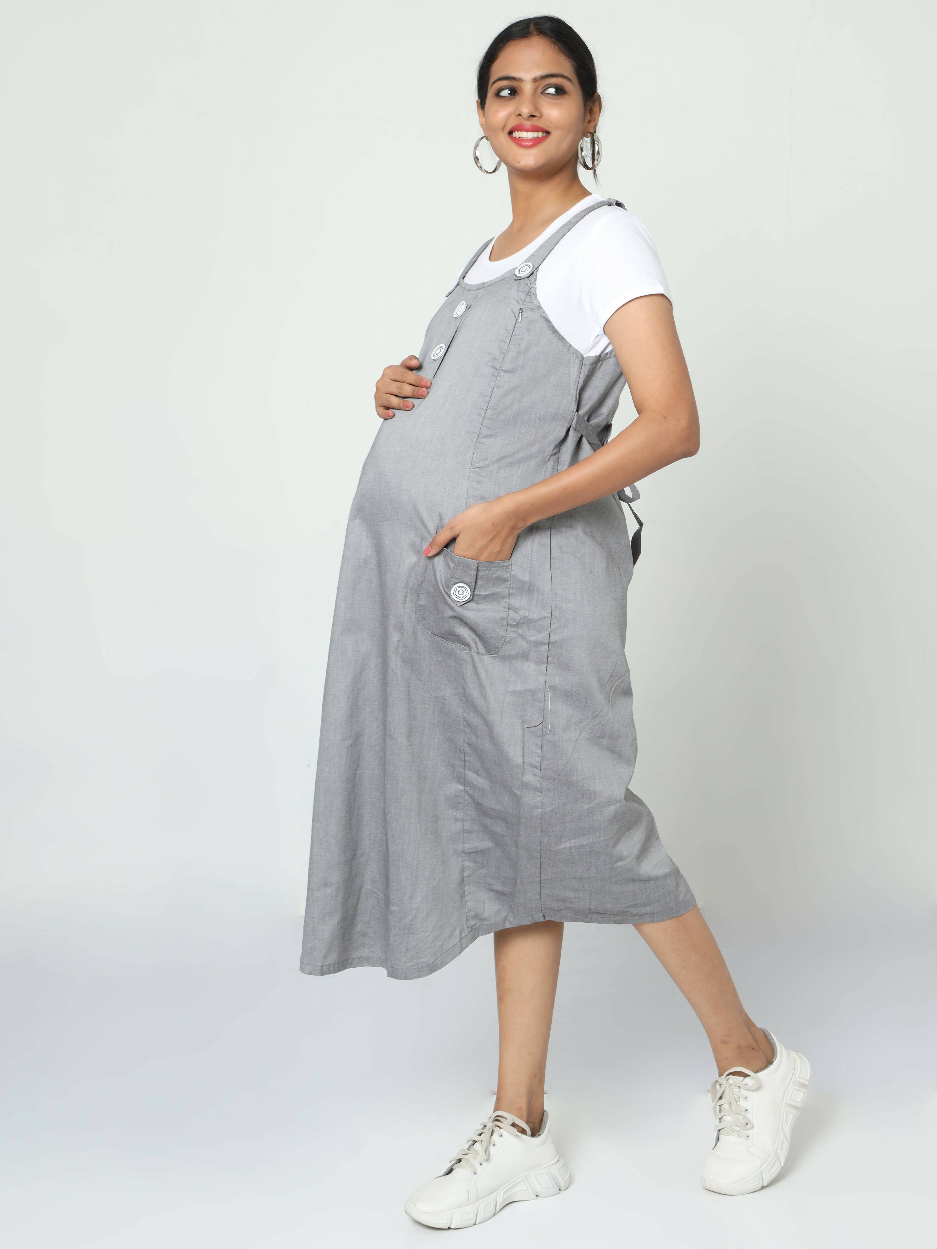 Manet Half Sleeves Solid Maternity Dress With Concealed Zipper Nursing Access - Grey - Distacart