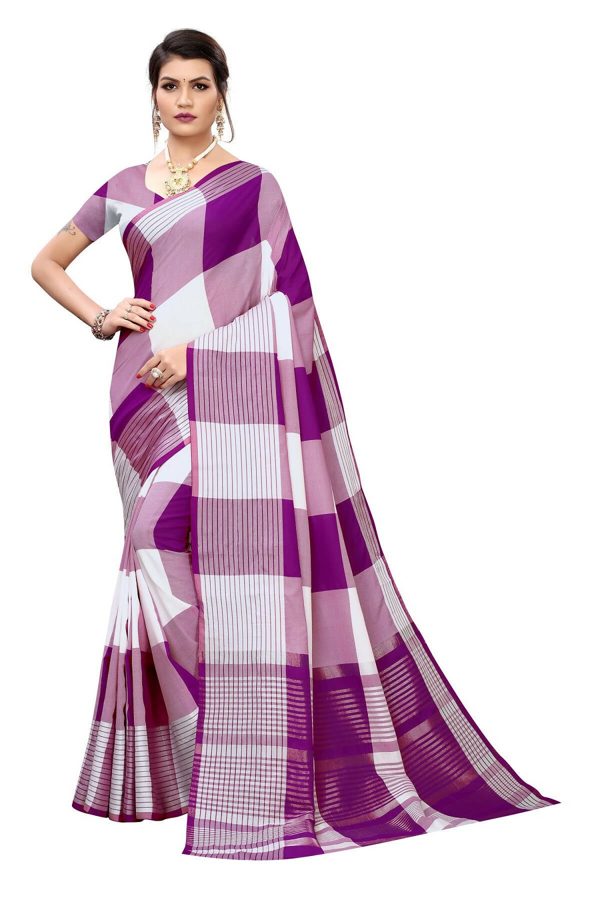 Vamika Wine Cotton Silk Weaving Saree (Gamma Checks Wine) - Distacart