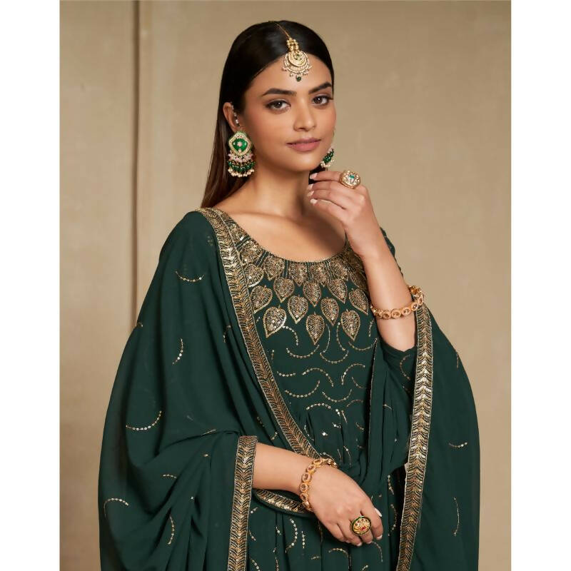 Aastha Fashion Women's Bottle Green Faux Georgette Zari & Sequins Embroidery Gown with Dupatta - Distacart