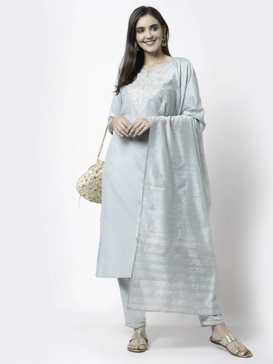 Myshka Grey Silk Blend Embroidered 3/4 Sleeve Round Neck Kurta Pant Dupatta Set