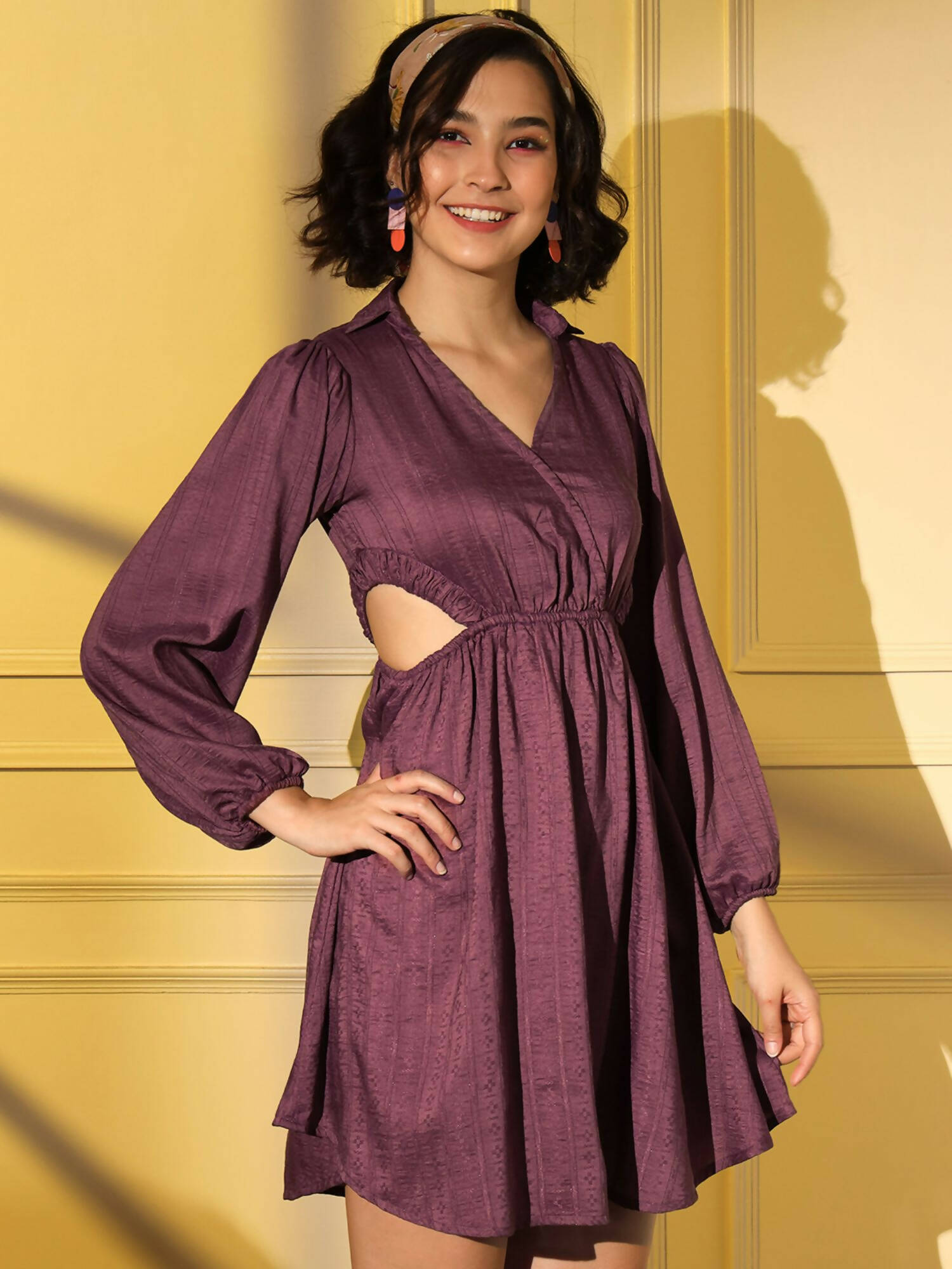 Wine Viscose Solid Flared Dress - Shivani - Distacart