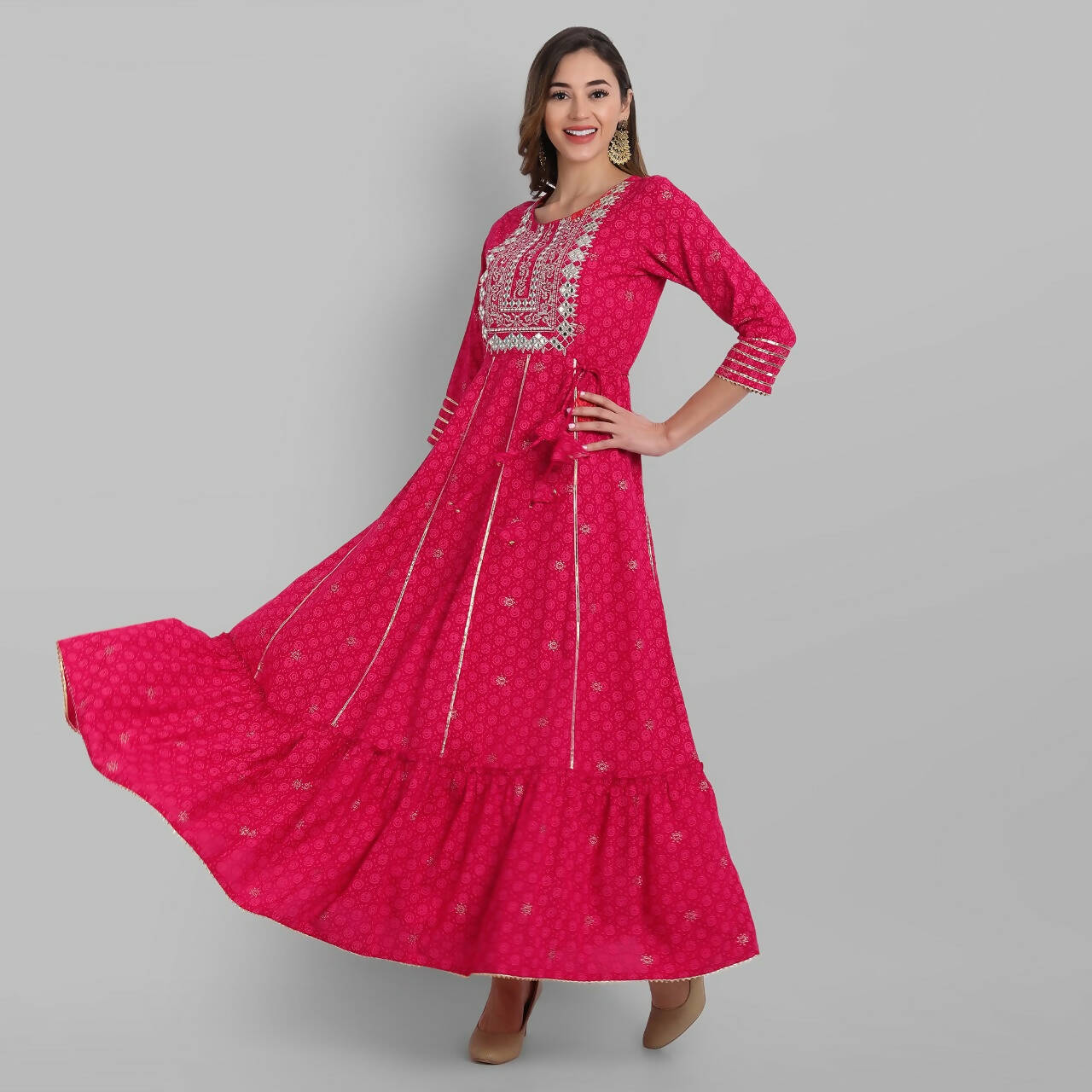 Juniper Fuchsia Rayon Festive Wear Embroidered Tiered Long Dress - Distacart