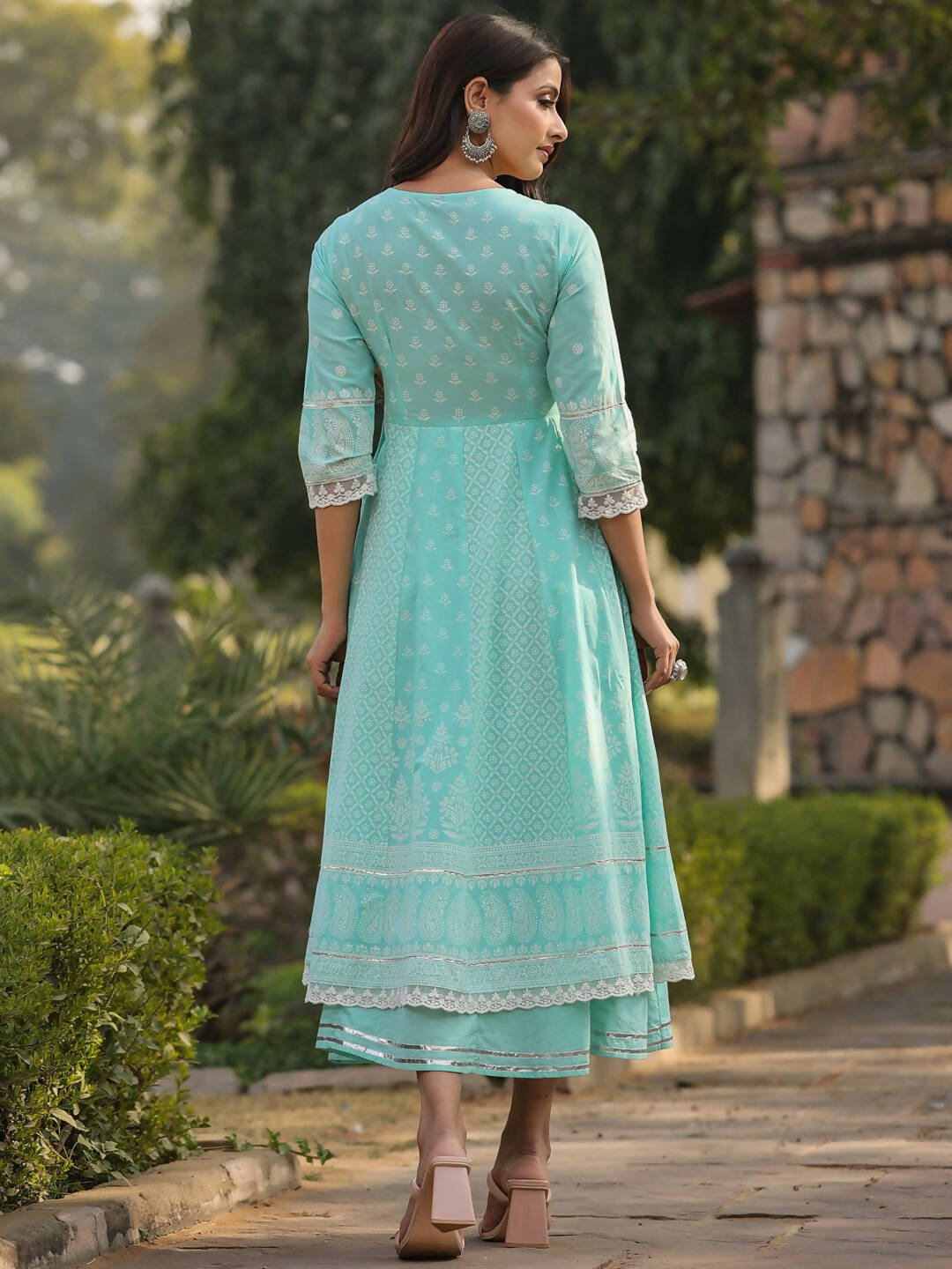 Juniper Women's Aqua Cambric Floral Printed Double Layered Kalidar Dress - Distacart