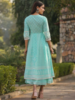 Thumbnail for Juniper Women's Aqua Cambric Floral Printed Double Layered Kalidar Dress - Distacart