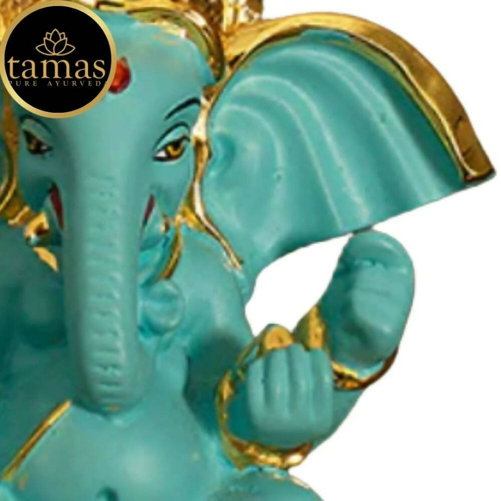 Tamas Gold Plated Gaj Karna Ganesh Idol Flora Blue & Gold Color - Distacart