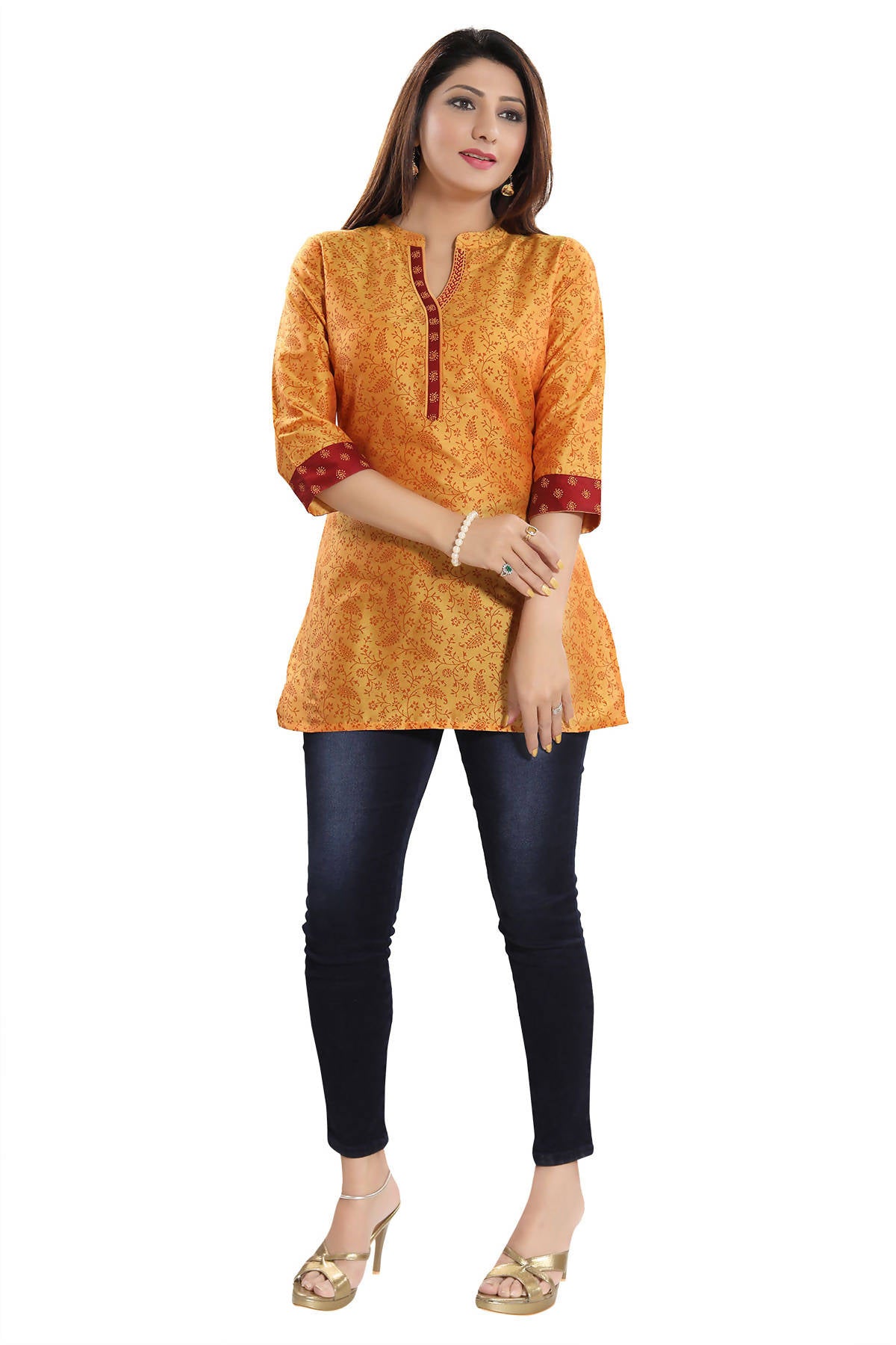 Snehal Creations Luxurious Fine Fire Gold Cotton Silk Short Tunic - Distacart