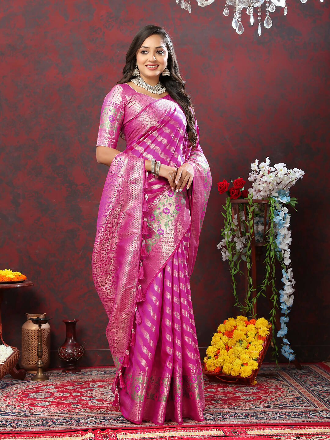Lorenvalley Fashion Magenta Soft Silk Woven Design with Zari Weaving Leheriya Design Saree - Distacart