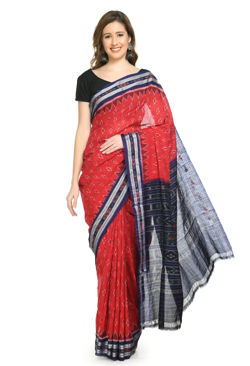 Vamika Sambalpuri Ikat Cotton Dehabandha Badafula Red &amp; Blue Saree - Distacart