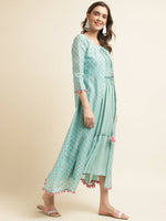 Thumbnail for Sea Green Cotton Solid Flared Dress with Printed Shrug - Yukti - Distacart