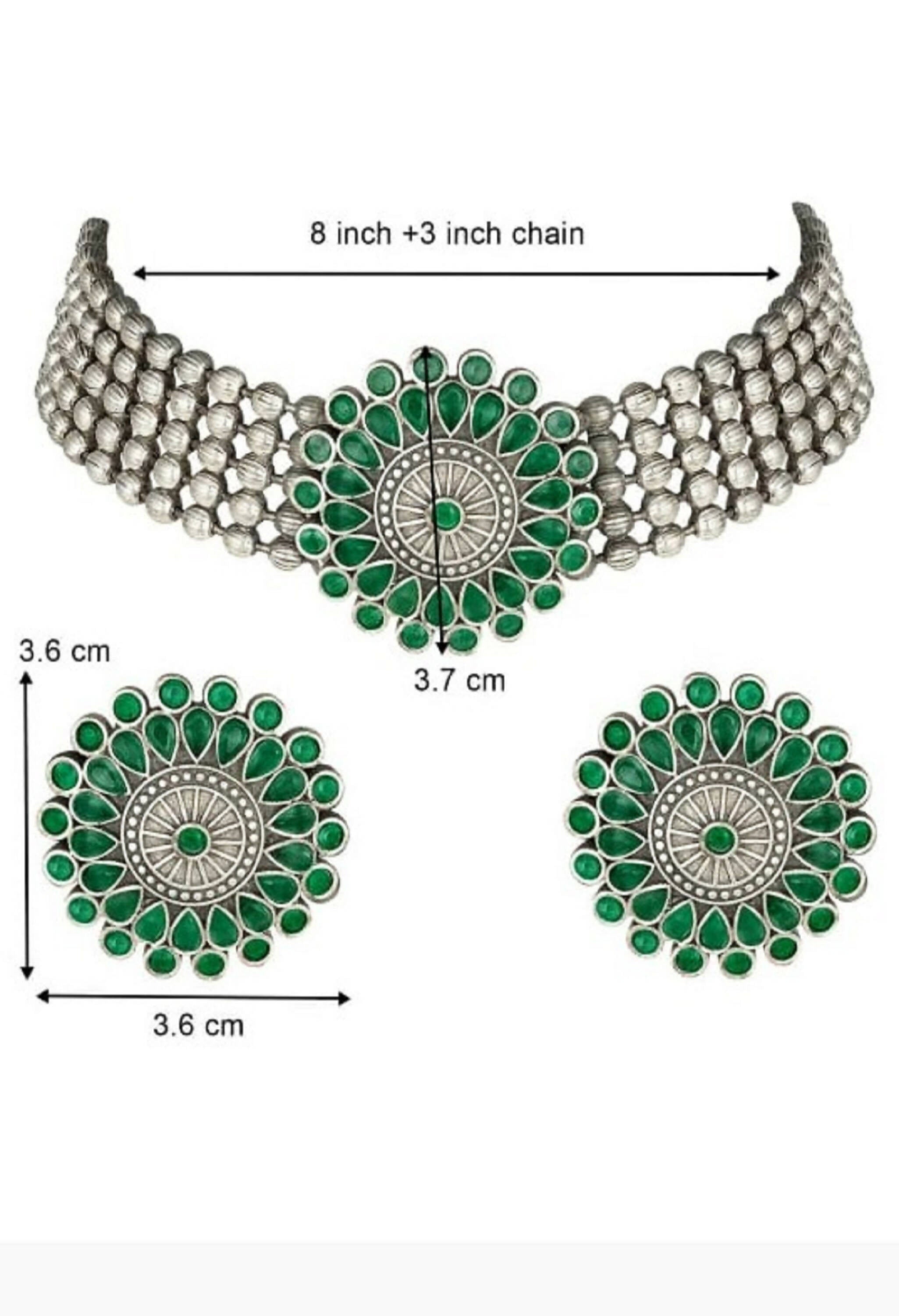 Mominos Fashion Johar Kamal Oxidised Silver-Plated Brass Finish Kundan Choker For Women (Green) - Distacart