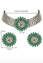 Thumbnail for Mominos Fashion Johar Kamal Oxidised Silver-Plated Brass Finish Kundan Choker For Women (Green) - Distacart