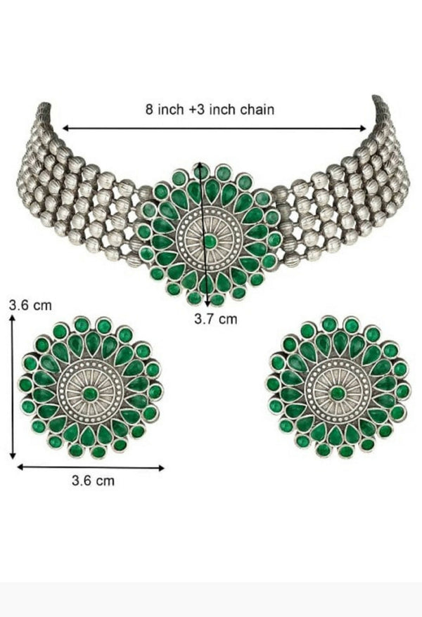 Mominos Fashion Johar Kamal Oxidised Silver-Plated Brass Finish Kundan Choker For Women (Green) - Distacart