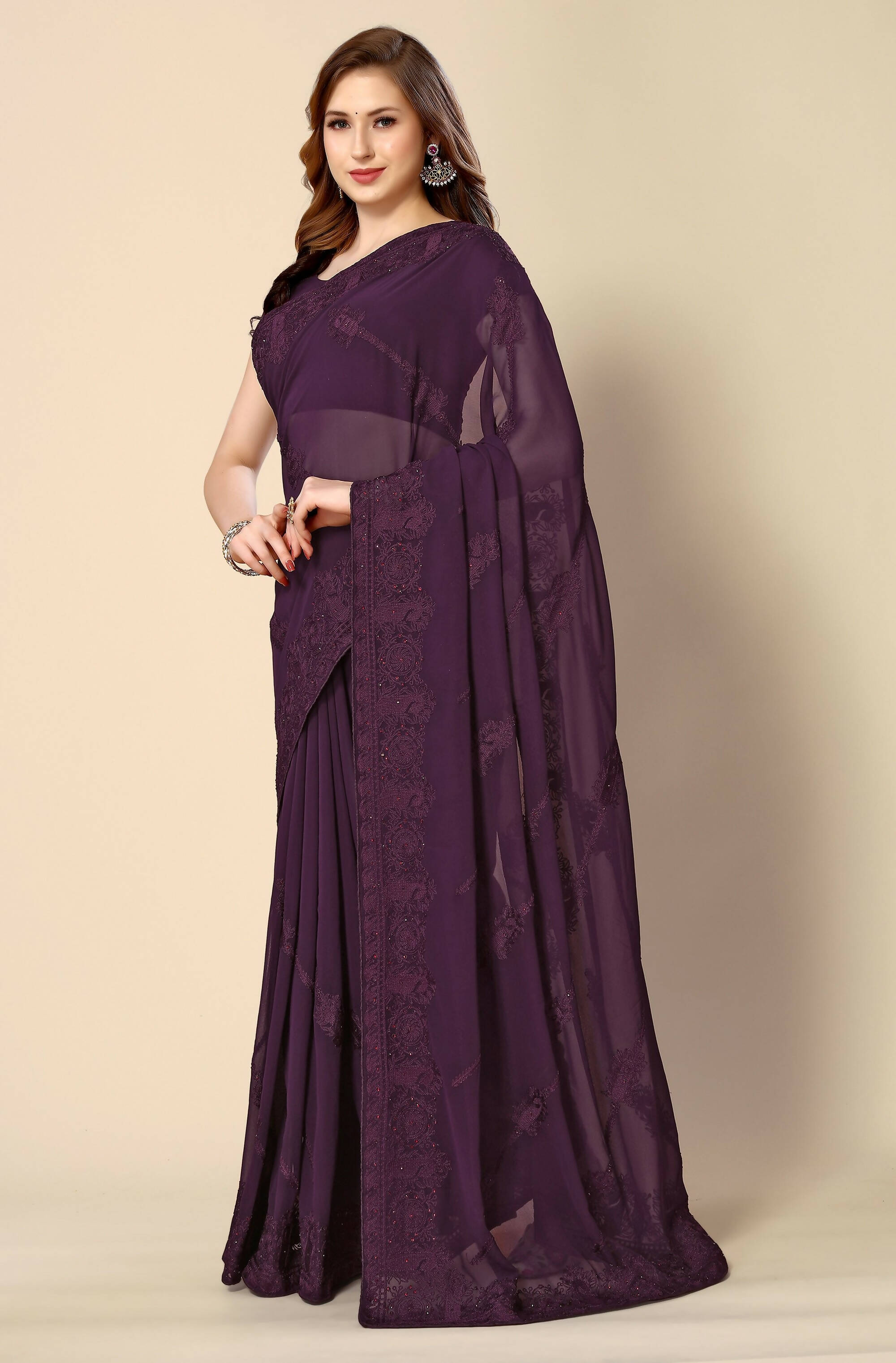 Purple Georgette Embroidered and Stone Work Saree with Unstitched Blouse Piece - Roozal - Distacart