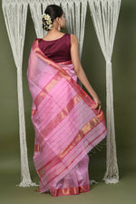 Thumbnail for Very Much Indian Handloom Cotton Silk Maheshwari Saree With Sleek Golden Border - Rose Pink - Distacart