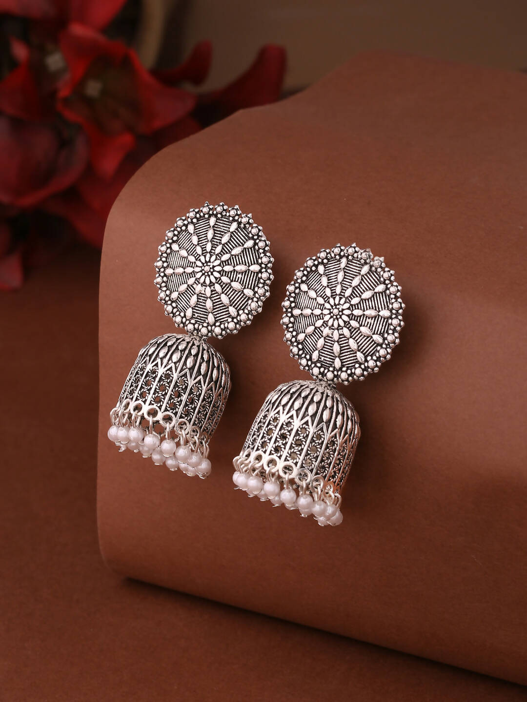 NVR Women Silver Toned Dome Shaped Jhumkas Earrings - Distacart