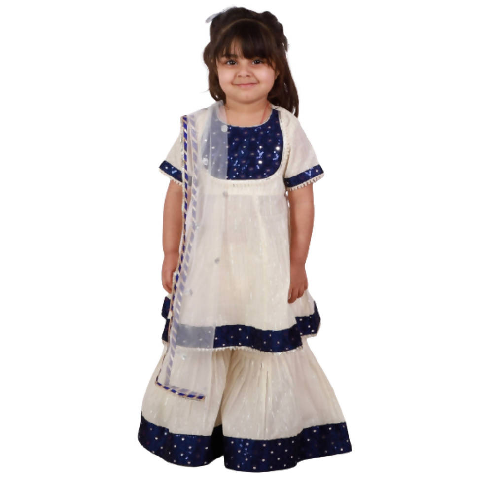 Little Bansi Cream and Indigo Mirror work Kurta Frock with Sharara and Dupatta