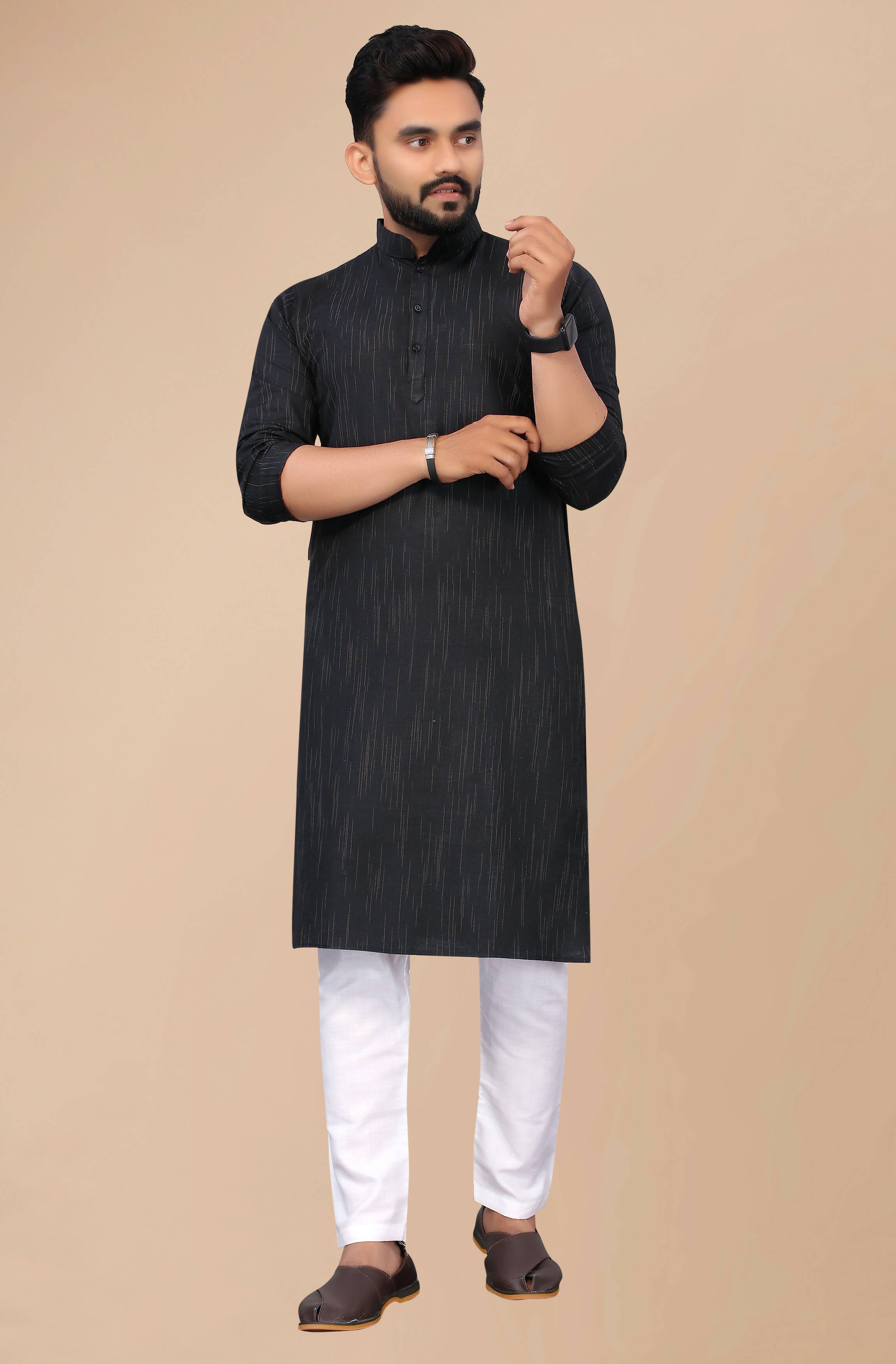 Men's Black Striped Cotton Kurta - Mahotsav - Distacart
