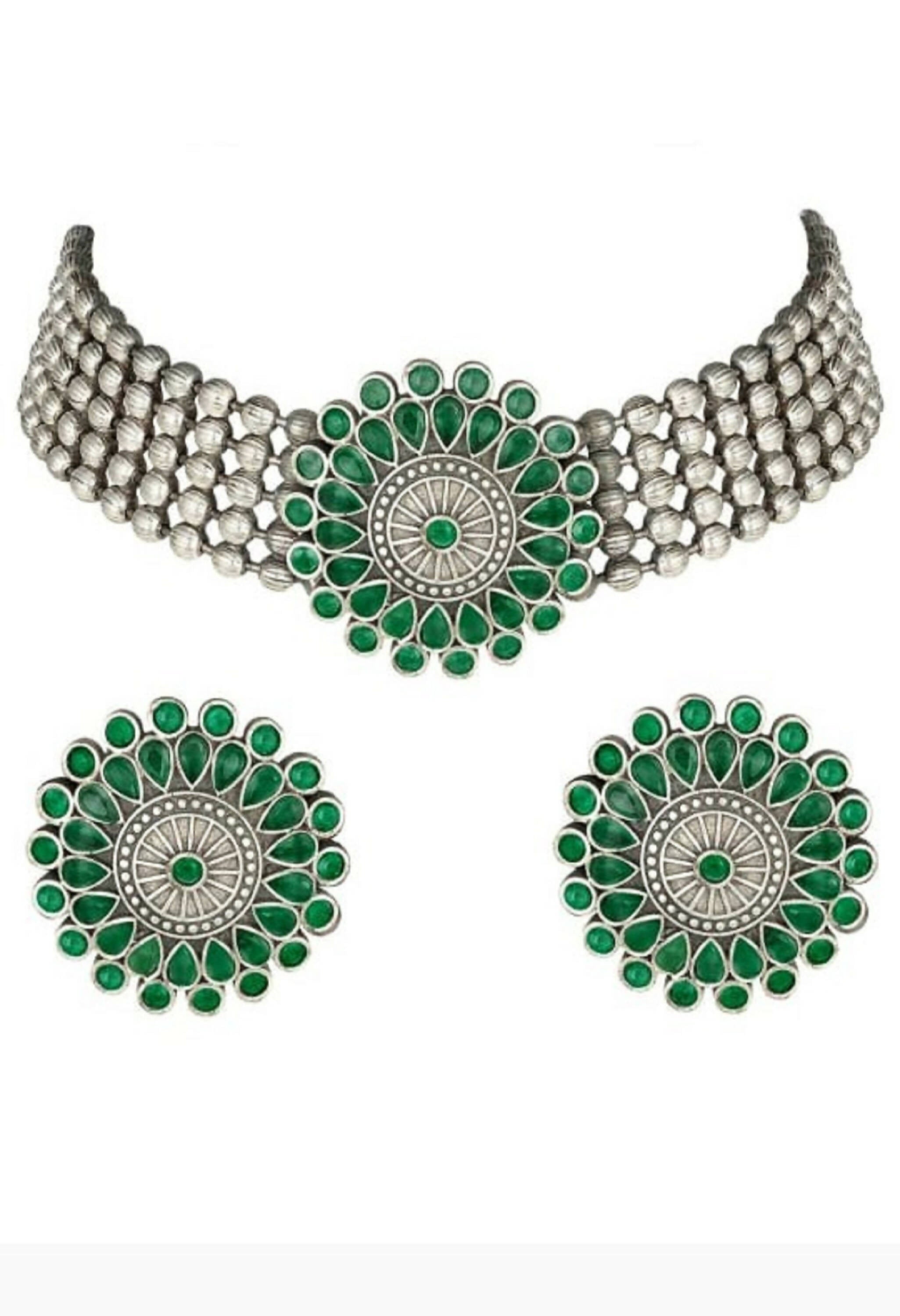 Mominos Fashion Johar Kamal Oxidised Silver-Plated Brass Finish Kundan Choker For Women (Green) - Distacart