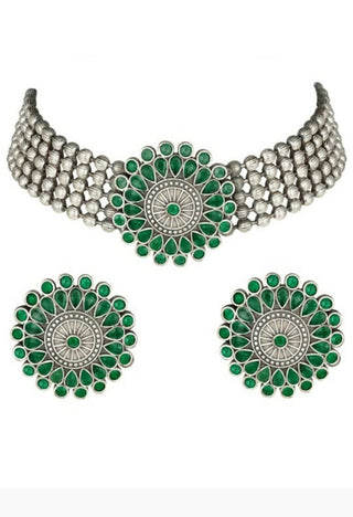 Mominos Fashion Johar Kamal Oxidised Silver-Plated Brass Finish Kundan Choker For Women (Green) - Distacart